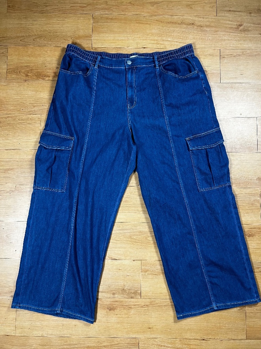Ava & Viv Size 24 Wide Leg Cargo Jeans Blue Denim Elastic Waist NWOT